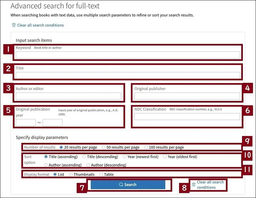 Search fields for full-text search (Advanced search)