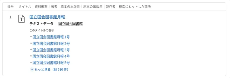 検索結果一覧の画像です。雑誌「国立国会図書館月報」をタイト ルでまとめて表示しています。1号から5号までの5巻分の巻号を表示しており、その下に「もっと見る」のリンクがあります。リンクを押すと50巻まで巻号を表示します。説明終わり。